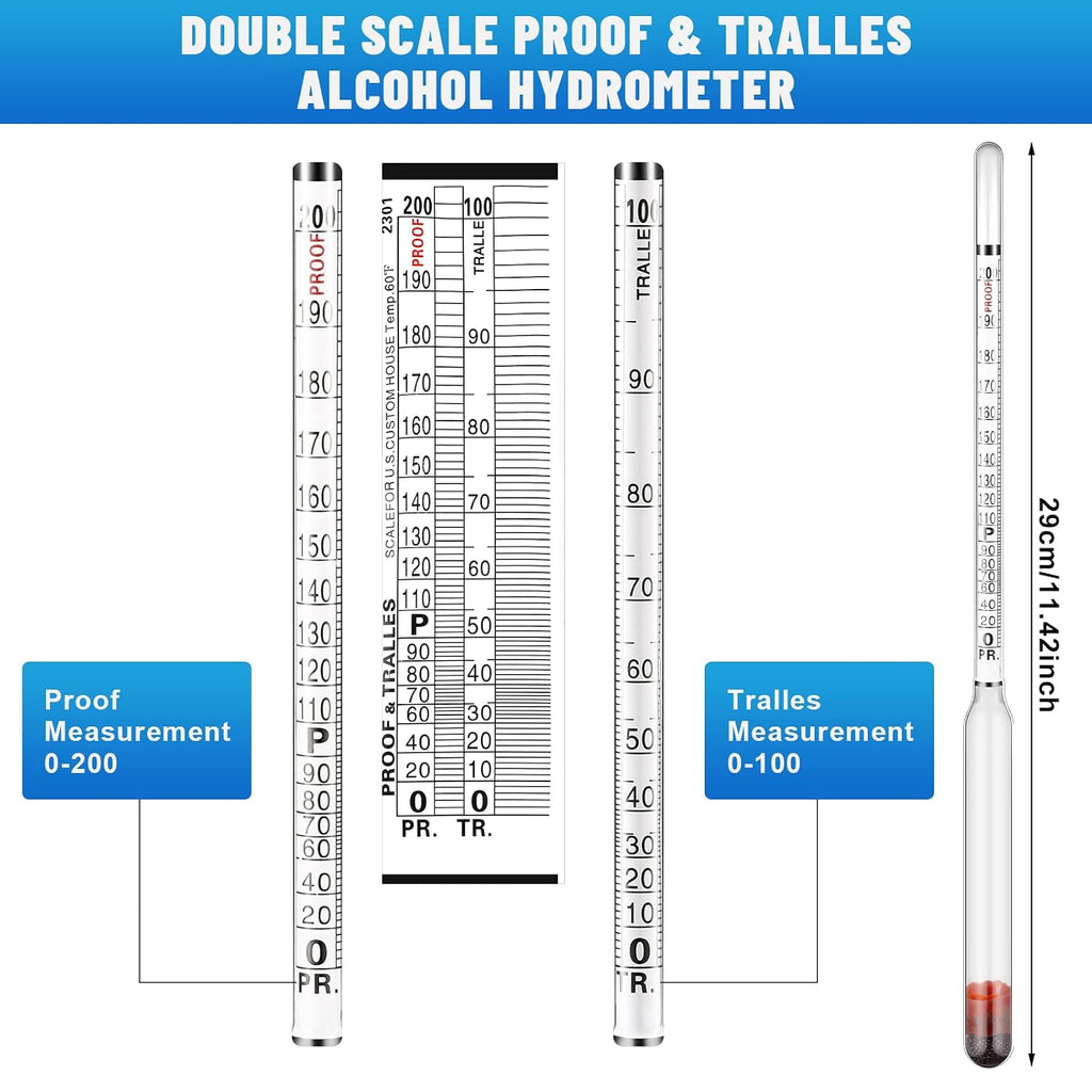 2 Pcs Hydrometer Alcohol 0-200 Proof and 0-100 Tralle | Alcohol Proof Percent Tester for Moonshine Still Liquor