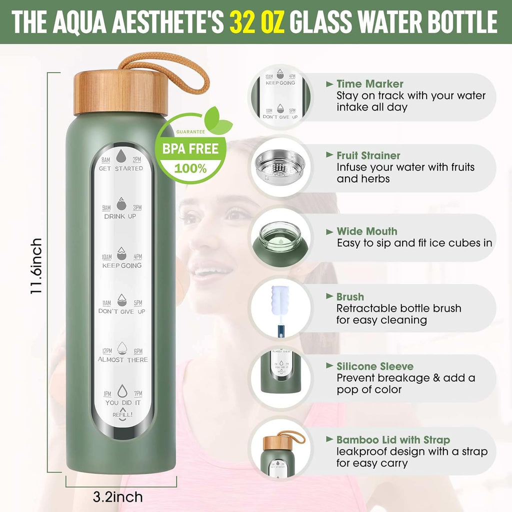 Glass Water Bottles 32 Oz with Silicone Sleeve - BPA Free Reusable Wide Mouth Glass Motivational Water Bottles with