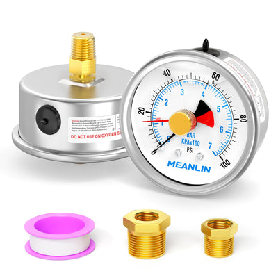 MEANLIN MEASURE 0~100Psi Stainless Steel 1/4" NPT 2.5" FACE DIAL with Reset Pointer Liquid Filled Pressure Gauge WOG Water Oil Air, Lower Mount, with 1/8" x 1/4" NPT and 1/8" x 3/8" NPT Hex Bushing