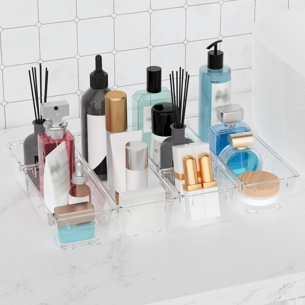 6 Pack Clear Drawer Organizer Set, Acrylic Drawer Storage Trays, Storage Bins for Makeup, Cosmetics, Jewelries