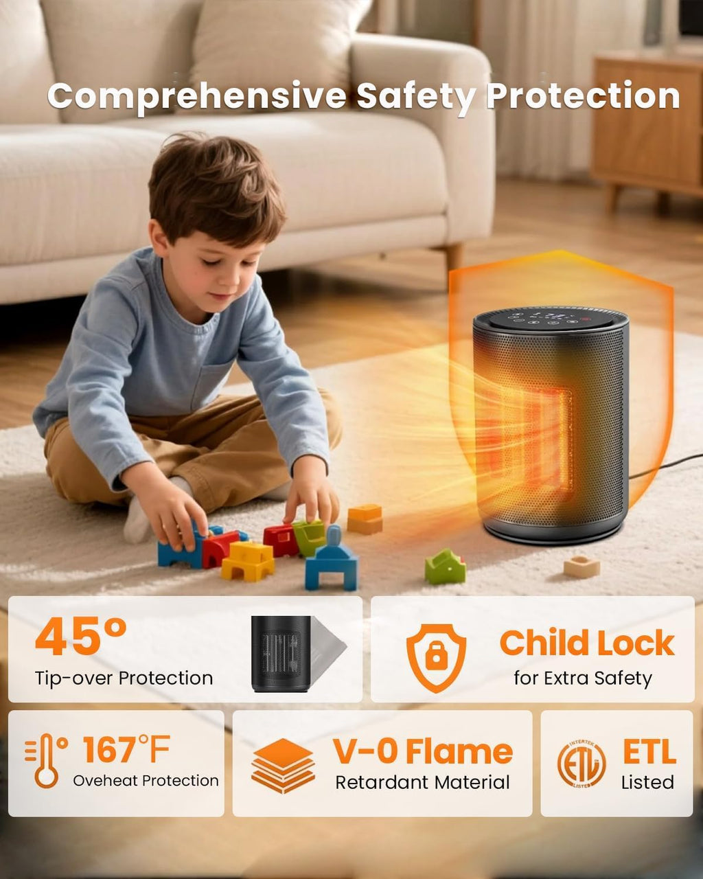 Small Space Heaters for Indoor Use, w/Remote & LED Touch Screen