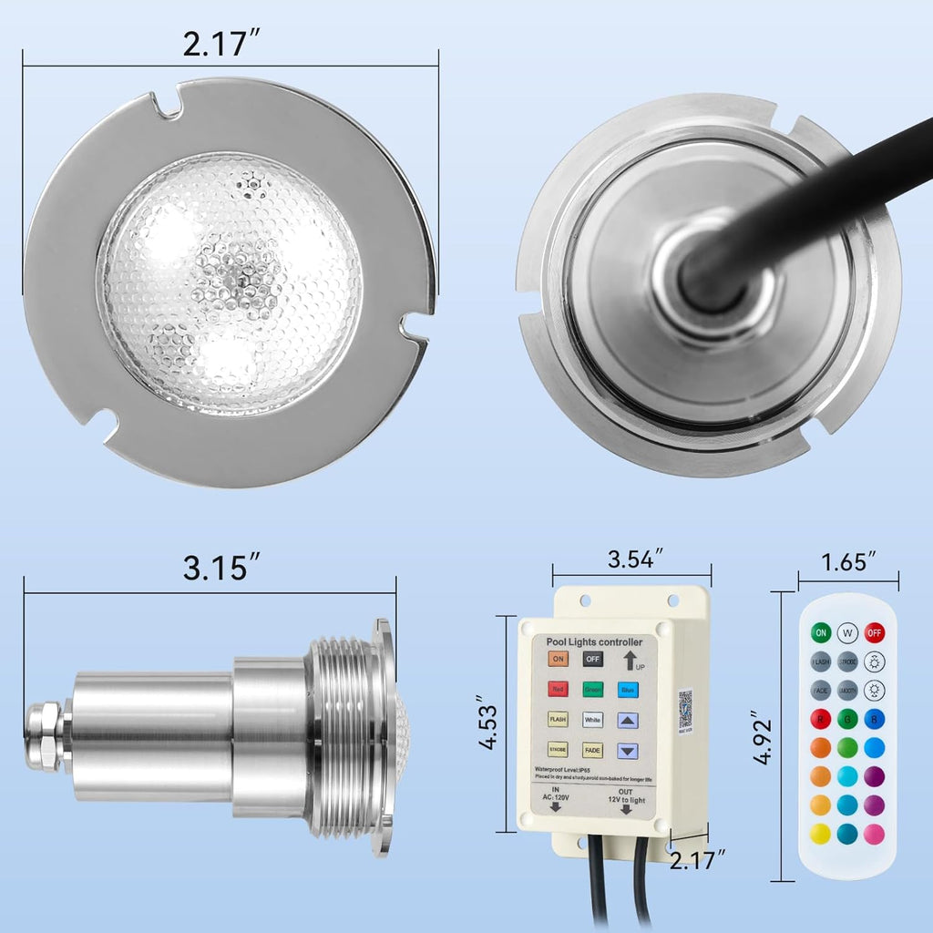 1.5 Inch led Pool Lights and Spa Light，LED Color Inground/Above Ground Pool & Spa Light, IP68 Waterproof, AC120V, (50FT)