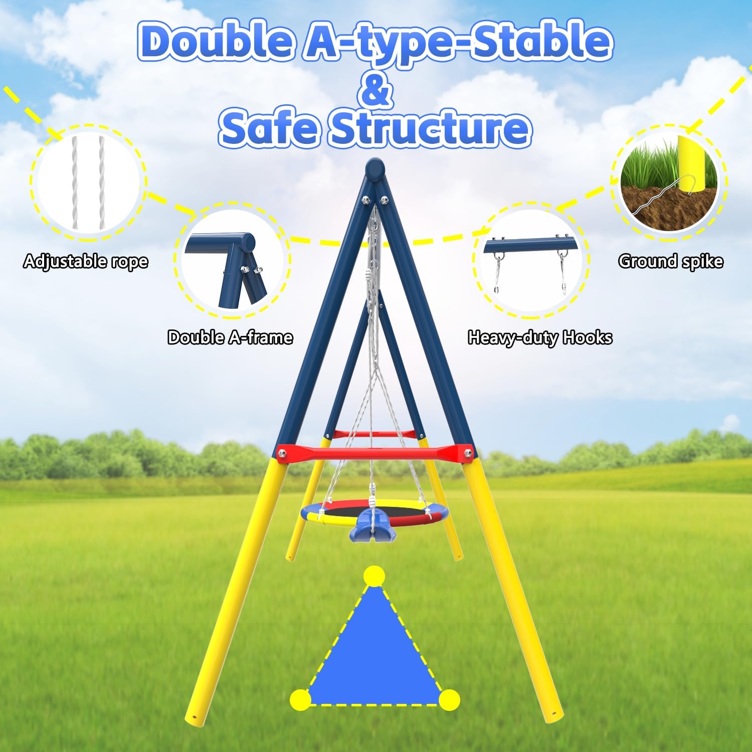 Swing Set for Backyard with Stand, Swing Heavy Duty 440lbs Metal Outdoor Swing Stand, Contain 1 Saucer 32" & 1 Belt