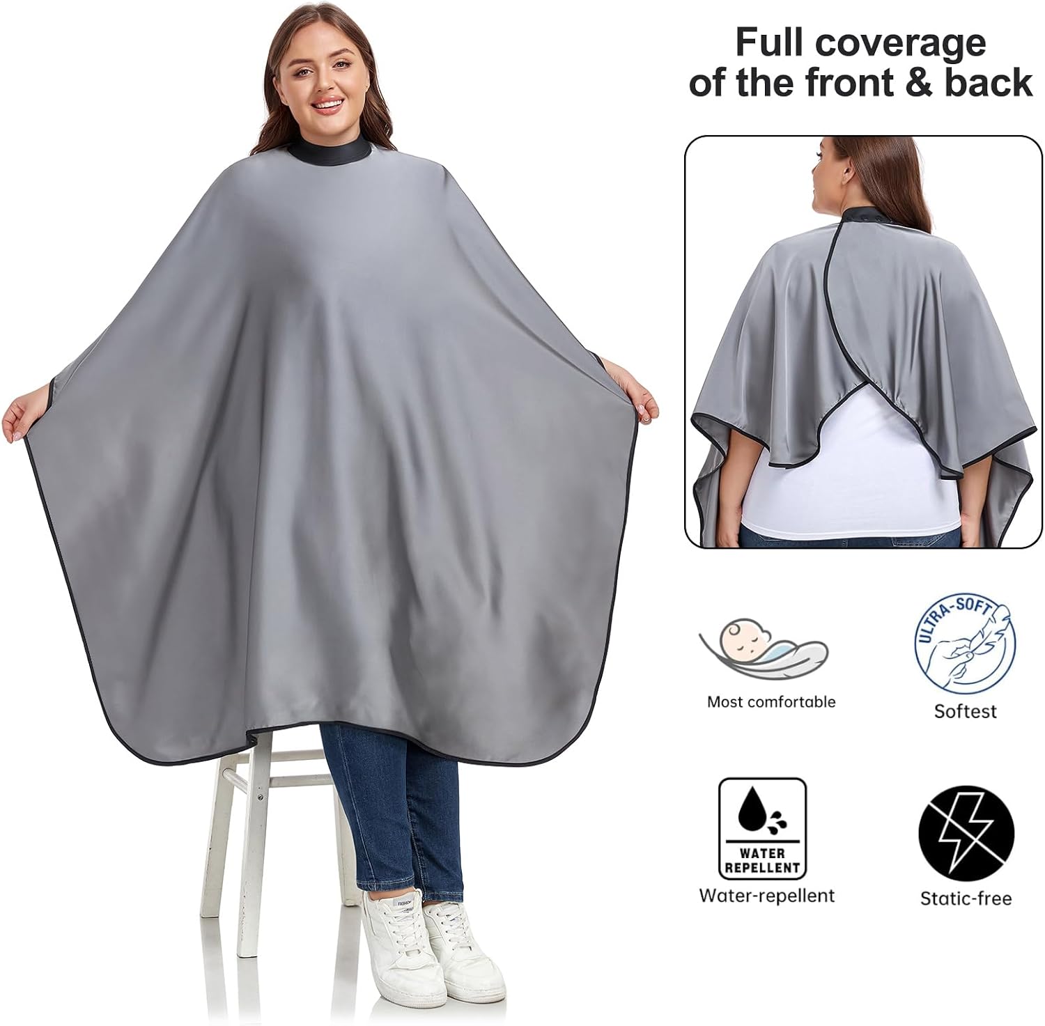 Salon Hair Cutting Cape for Adults - Adjustable Soft Silicone Collar Snap Closure, Silky Anti-Static Premium Haircut