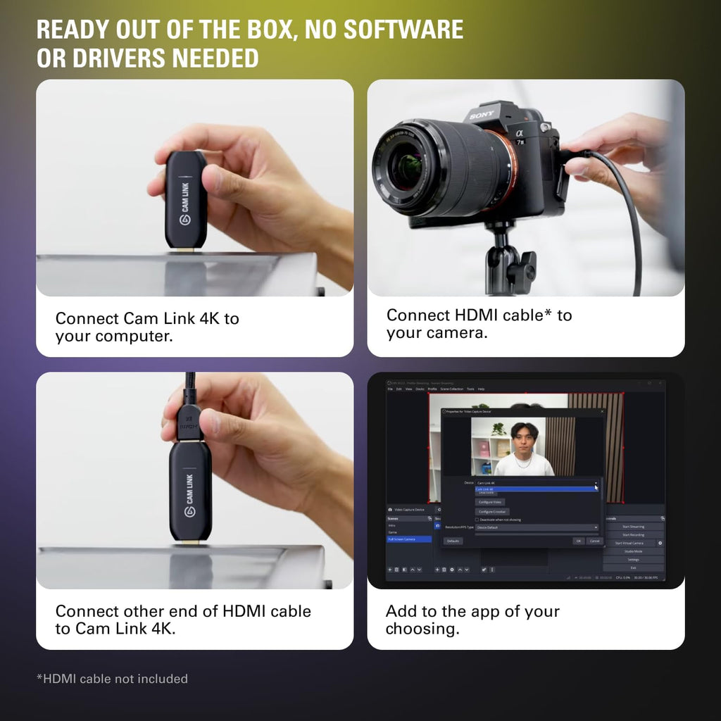 Cam Link 4K Capture Card for DSLR, Camcorder, Action Cam | HDMI to USB 3.0, Stream in 1080p60 or 4K30/60, Ultra-low