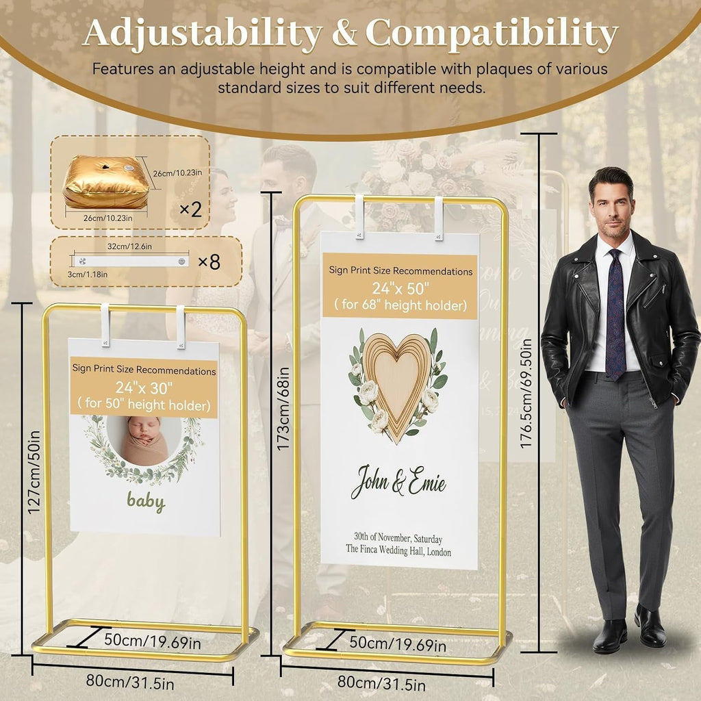Wedding Welcome Sign Stand, Adjustable 50/68 Inch Metal Sign Holder, Gold | Overall size 68 x 31 x 20 in; ideal for