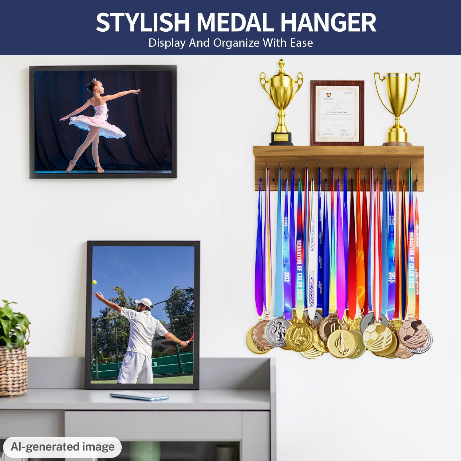 Medal Holder Display Trophy Shelf Organizer, Sturdy Wooden Race Award Hanger Rack with 25 Steel Hooks, Wall Mount