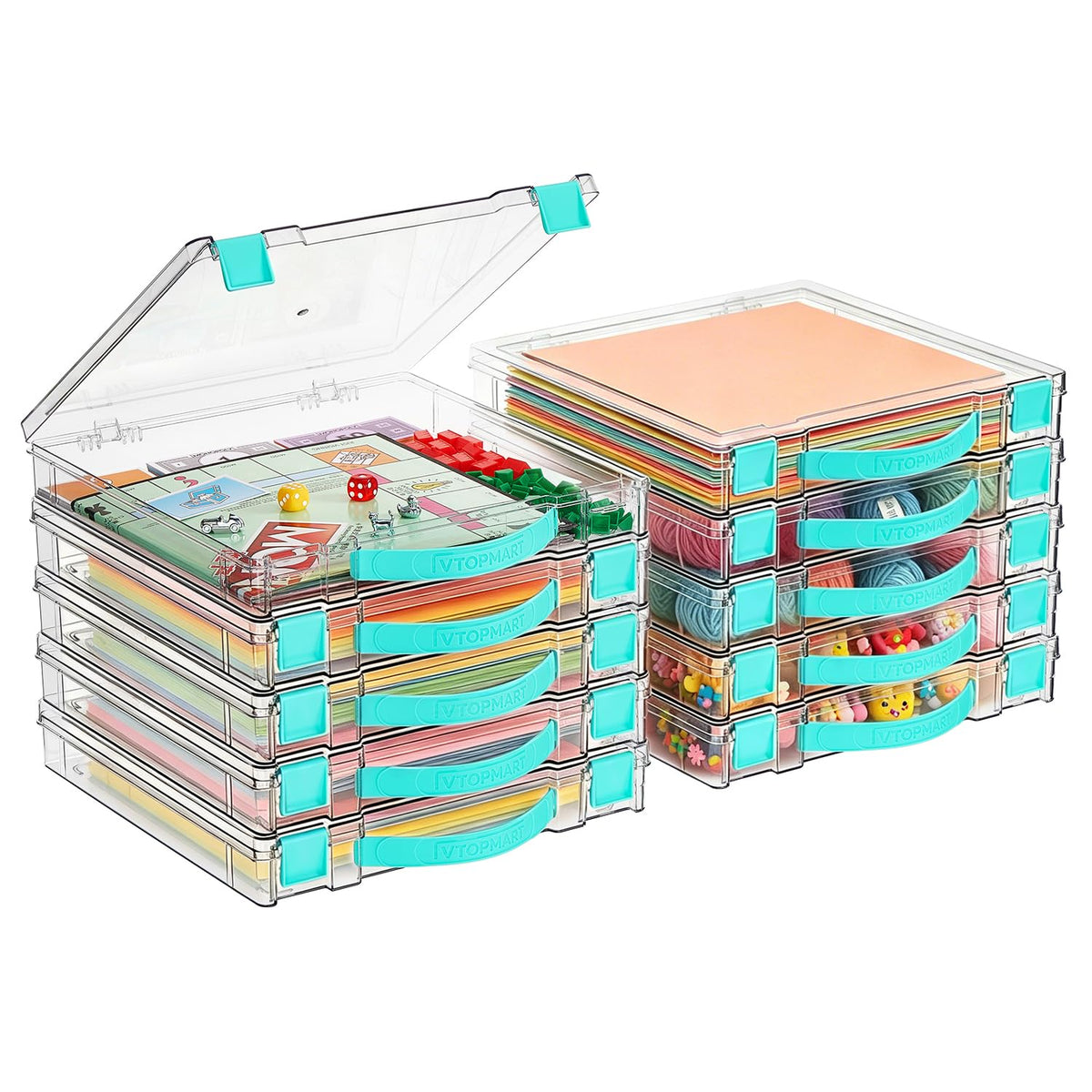 10 Pack Board Game Storage with Handle and Snap-Tight Latch Lid
