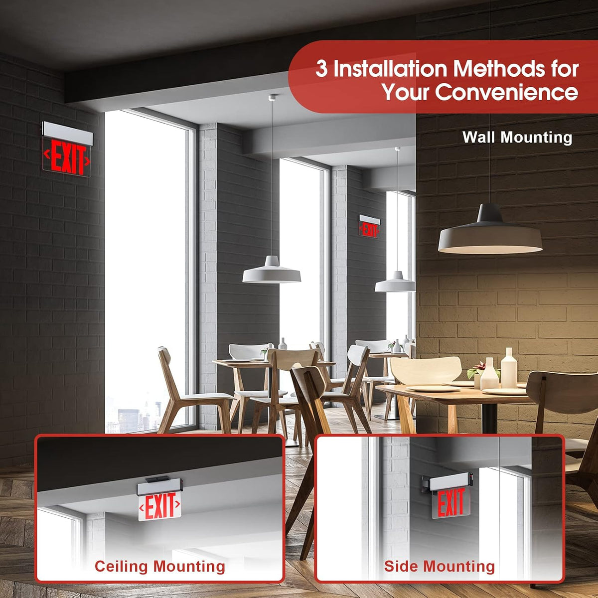 Red LED Edge Lit Exit Sign UL Listed, Brushed Aluminum Housing Single Sided Clear Acrylic Emergency Exit Signs with