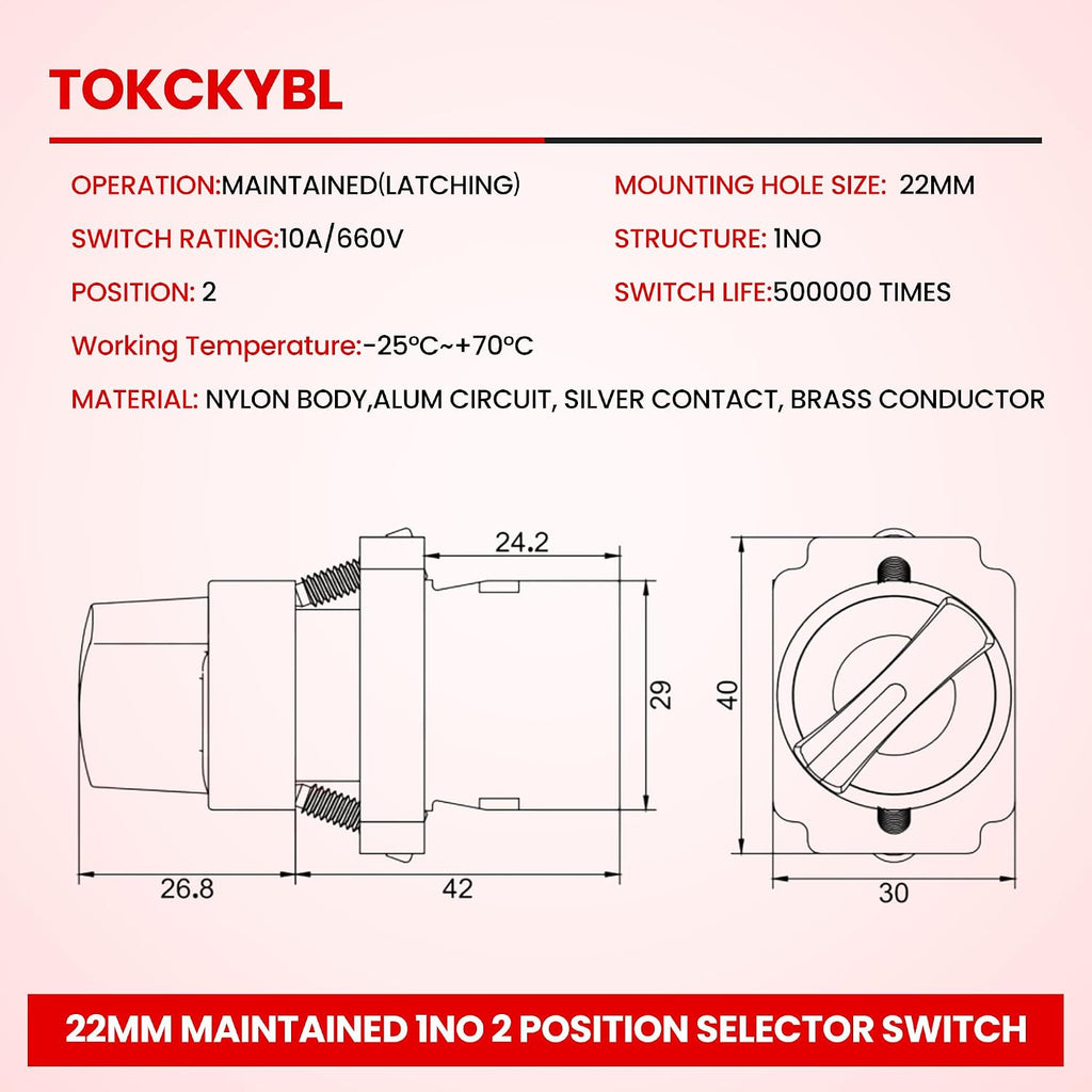 2 Pack 22mm 2 Position Maintained Selector Switch, 1NO 660V 10A