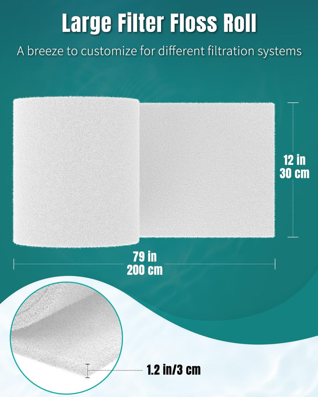 79 x 12 Inch White Cuttable Aquarium Filter Pad, 2 Inch Thick High Density Filter Media Roll for Freshwater Saltwater