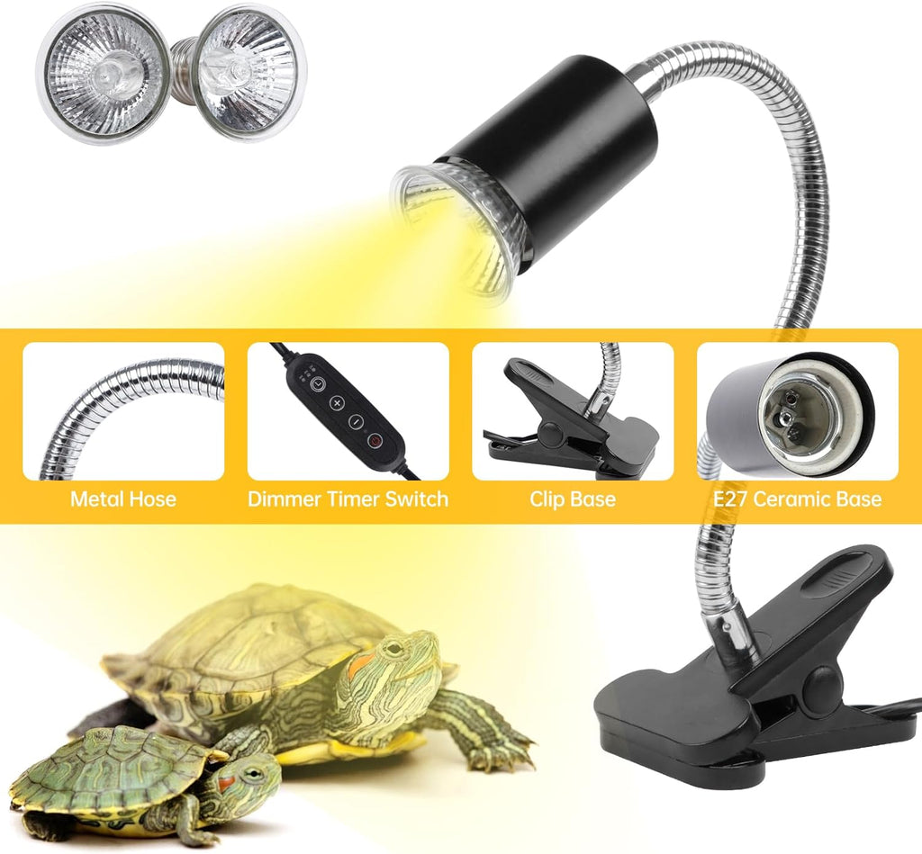 Turtle Basking Light (Cycle Timer), Tortoise Lamp UVA UVB Heat Bulbs -2 Pack 50W, 360°Rotatable Turtle UVA/UVB