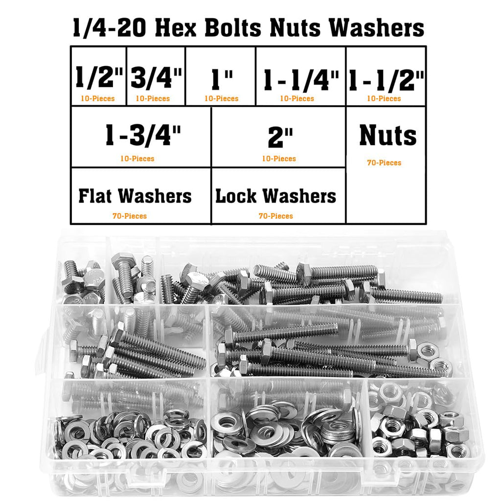 1/4-20 Hex Bolts Assortment Kit, with Hex Nuts, Flat & Lock Washers Set
