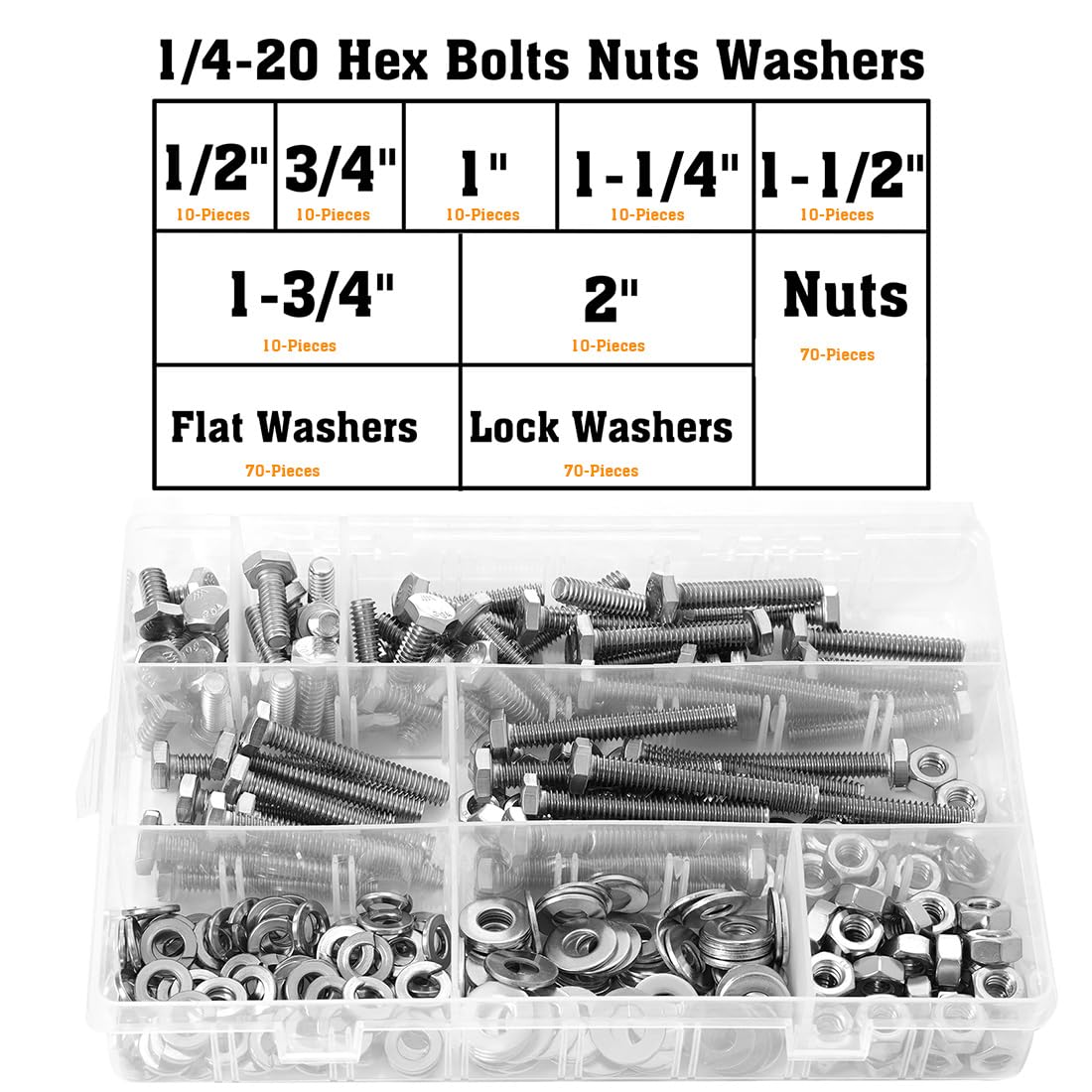 1/4-20 Hex Bolts Assortment Kit, with Hex Nuts, Flat & Lock Washers Set