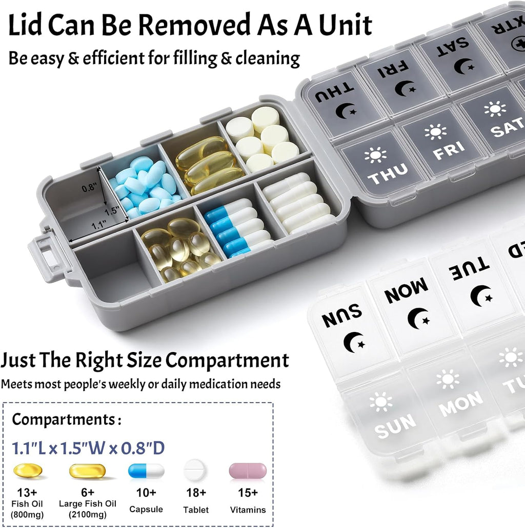 Foldable Weekly Pill Organizer 2 Times a Day with 2 Extra Compartments (Clear Printed Labels) - Portable 7 Day AM PM