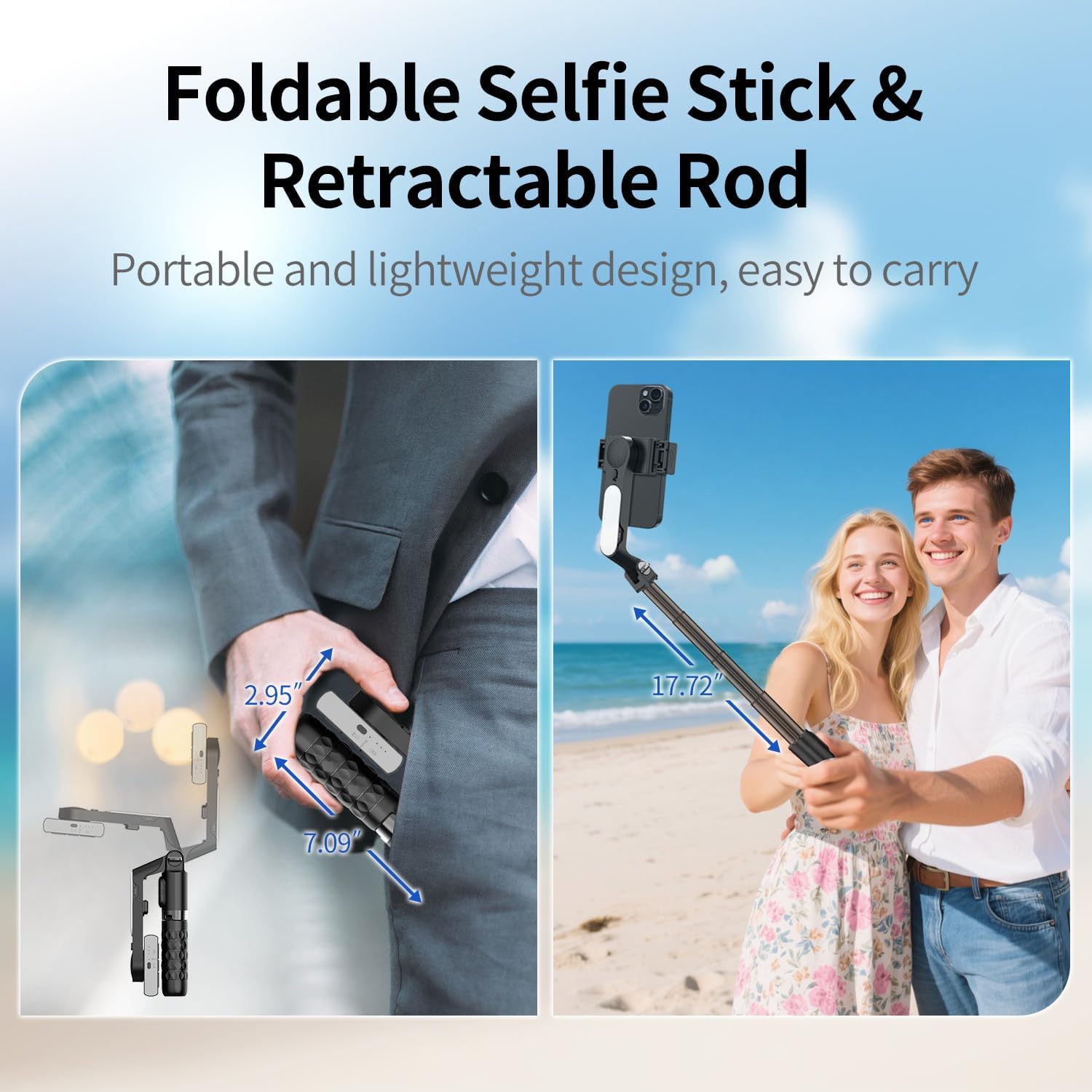 Selfie Stick with Light for Smartphone, Remote Control | Retractable and Foldable Phone Tripod for iPhone & Android