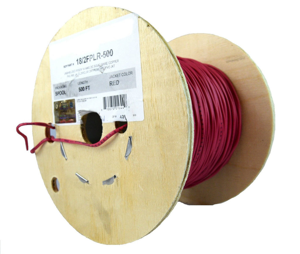 2C/18 AWG SOLID COPPER RED FIRE ALARM WIRE SECURITY CABLE FPLR PVC 500 FT UL