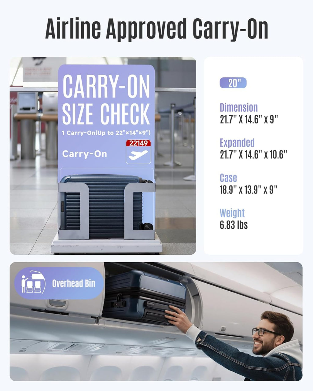 Carry On Luggage 22x14x9 Airline Approved, Durable Hard Shell Carry On Suitcases with Wheels, Expandable Hardside