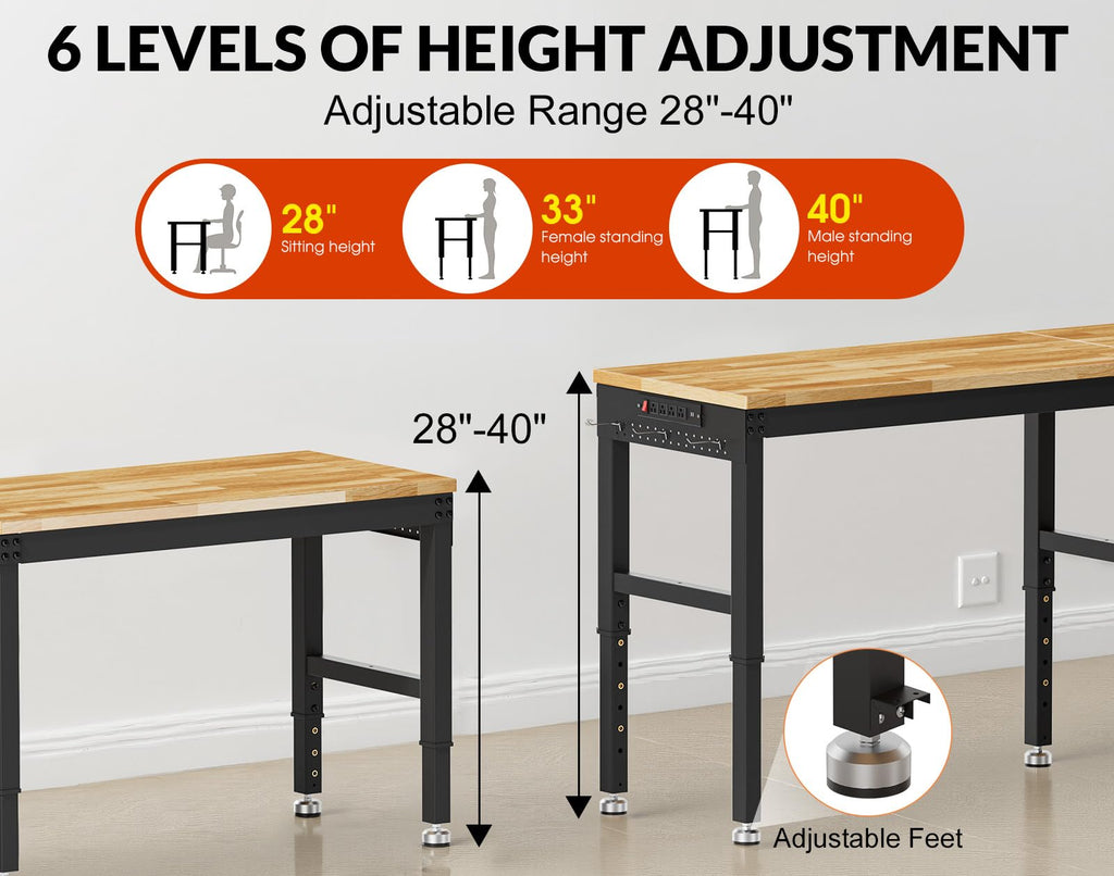 84” Heavy Duty Work Bench, 2-Layer Adjustable Workbench, 5000 LBS Capacity Work Bench with Power Outlet & Pegboard