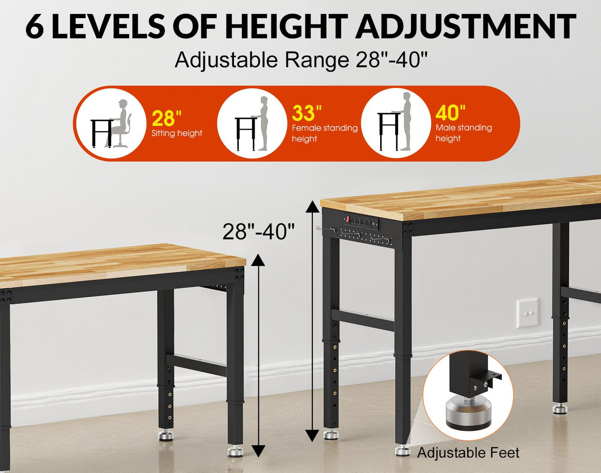 84” Heavy Duty Work Bench, 2-Layer Adjustable Workbench, 5000 LBS Capacity Work Bench with Power Outlet & Pegboard