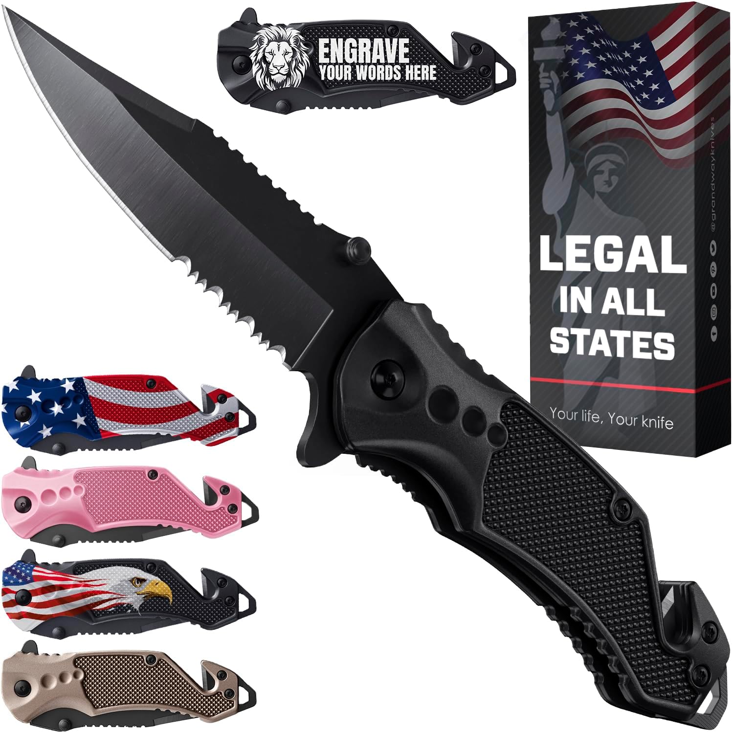 Legal Pocket Knife with 2.95” Serrated Blade, Glass Breaker, Seat Belt Cutter - EDC Sharp Folding Knives with