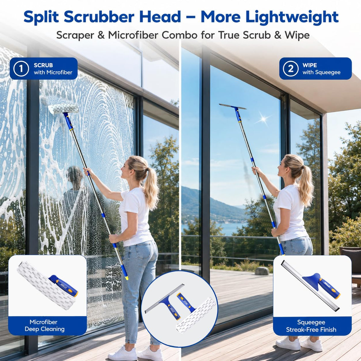 Window Squeegee Cleaning Kit with 60" Extension Pole & Rotatable Head