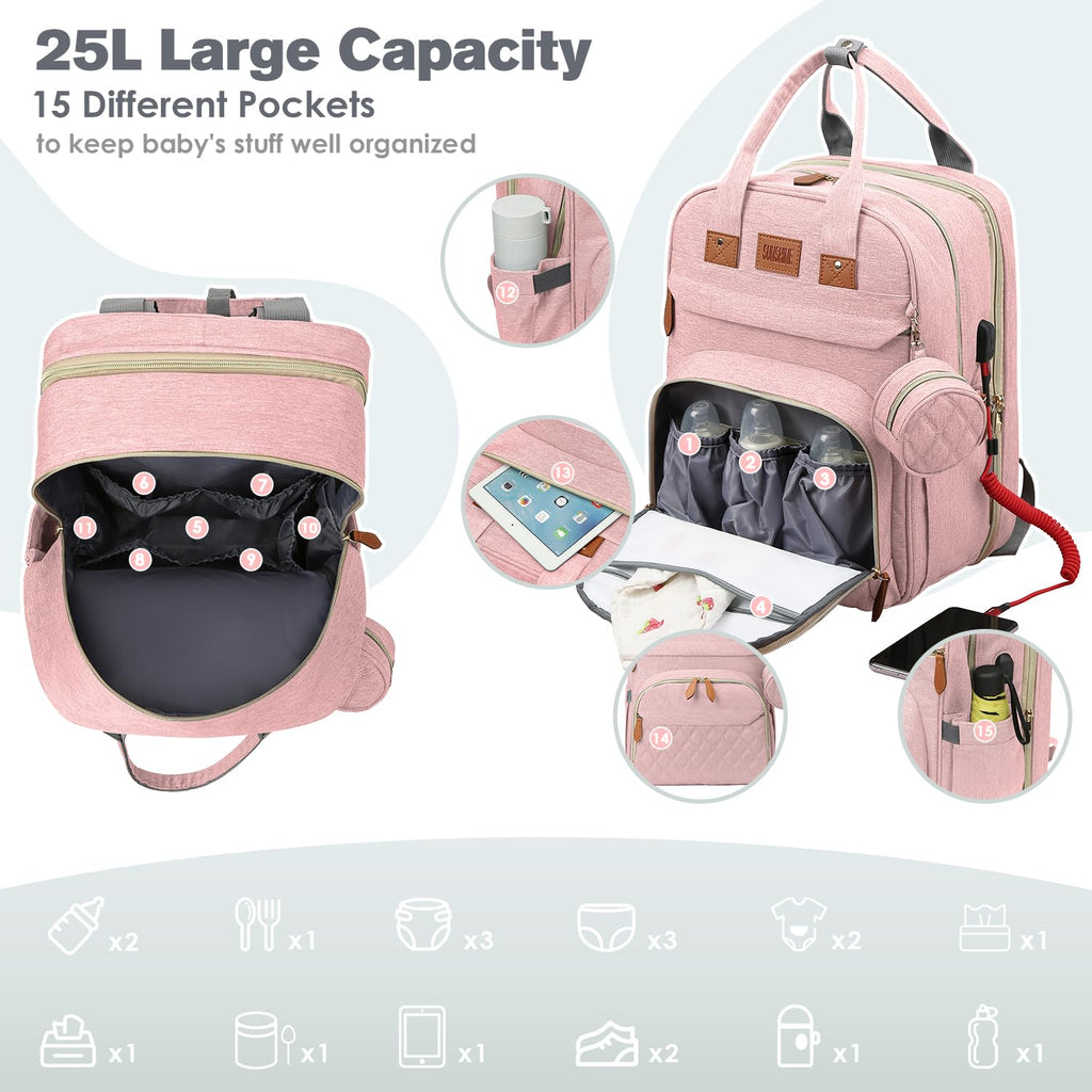 Large Diaper Bag Backpack with Changing Station, Pink