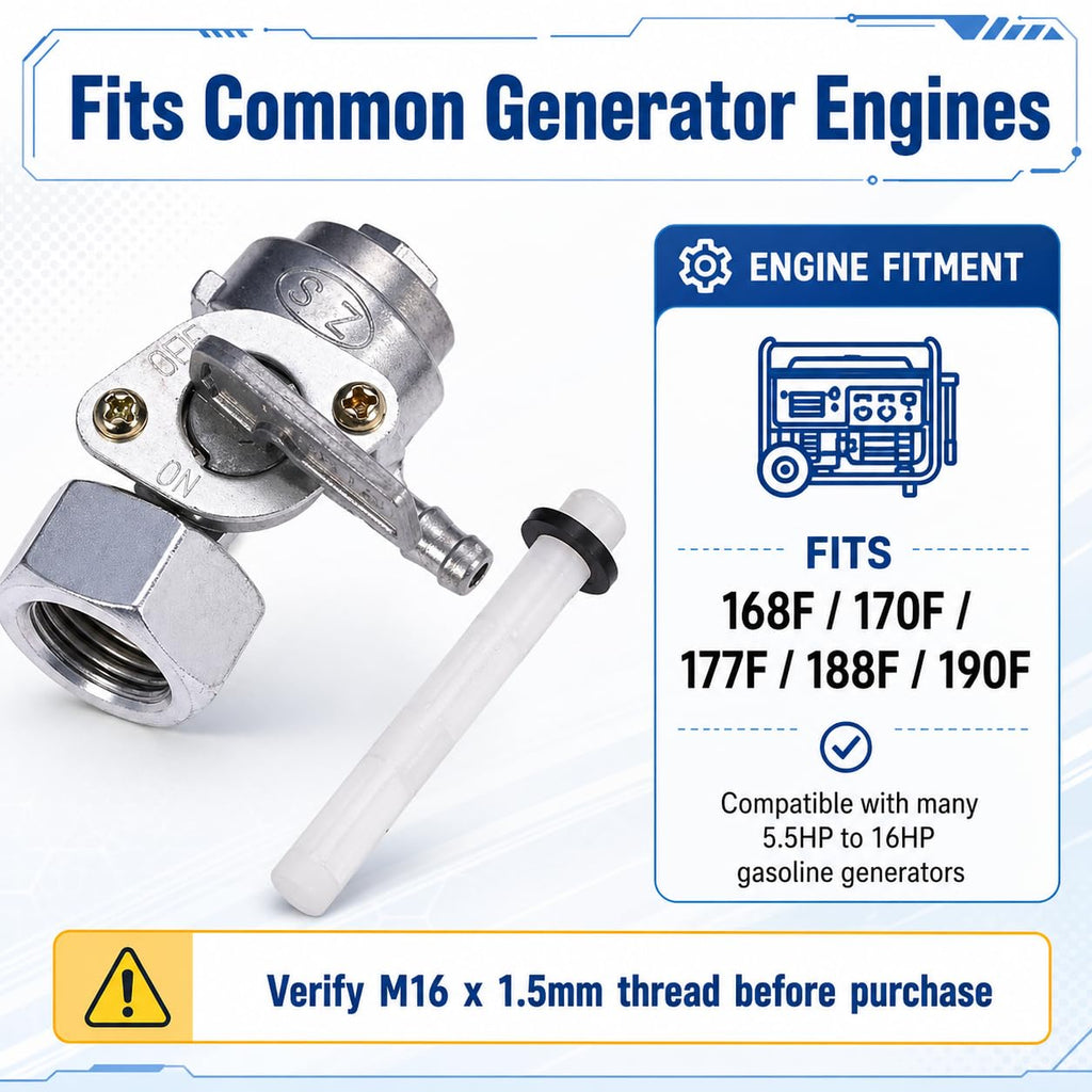 Hoypeyfiy 16mm x 1.5mm Generator Fuel Shut Off Valve, Gas Tank Petcock Fuel Switch Replacement Compatible with Predator, Generac, Champion, DuroMax, Powermate Portable Gasoline Generators