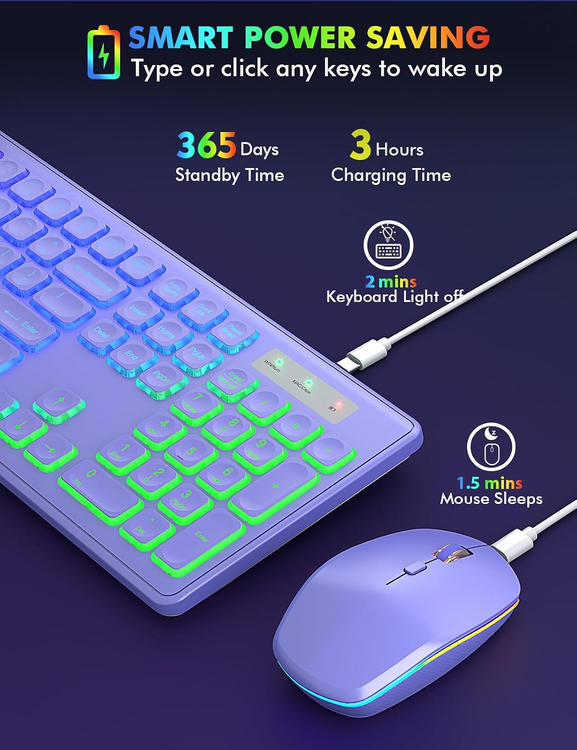 Wireless Keyboard and Mouse Combo with RGB Backlit, Rechargeable | Light Up Letters, Full-Size, Soft Typing, Sleep
