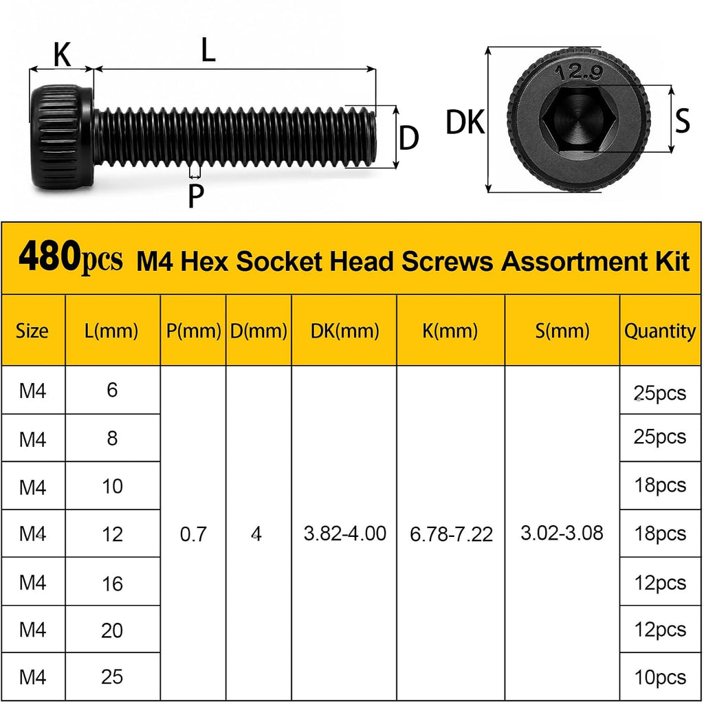 480PCS M4 Socket Head Screws Assortment Kit,M4x6/8/12/16/20/30 mm