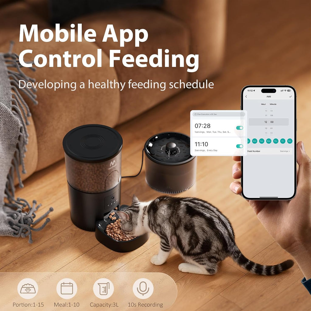 Automatic Cat Feeder with Camera and Water Fountain, HD AI Pet Recognition, APP Remote Control, Timed Food Dispenser