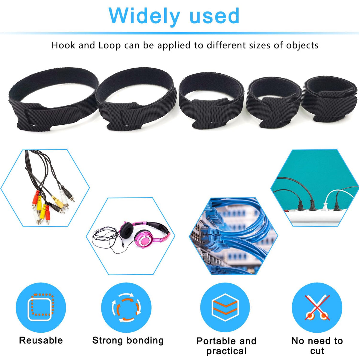 100pcs Reusable Cable Ties 7.8 In |Adjustable Cord Straps&Wire Wraps|Hook and Loop Cable Management Organizer