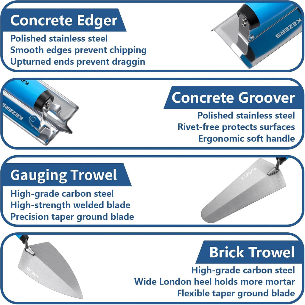 8-in-1 Concrete Finishing Tools Kit: Magnesium Float, Finishing & Pool Trowel, Gauging & Brick Trowel, Concrete