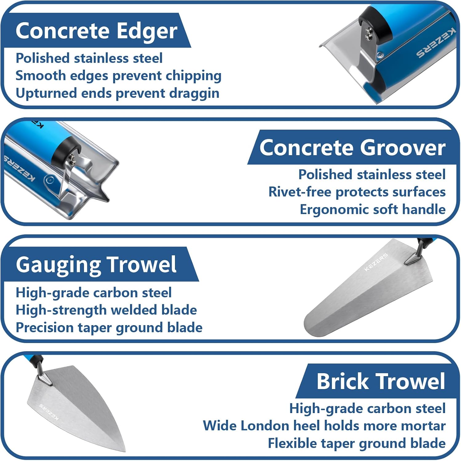 8-in-1 Concrete Finishing Tools Kit: Magnesium Float, Finishing & Pool Trowel, Gauging & Brick Trowel, Concrete