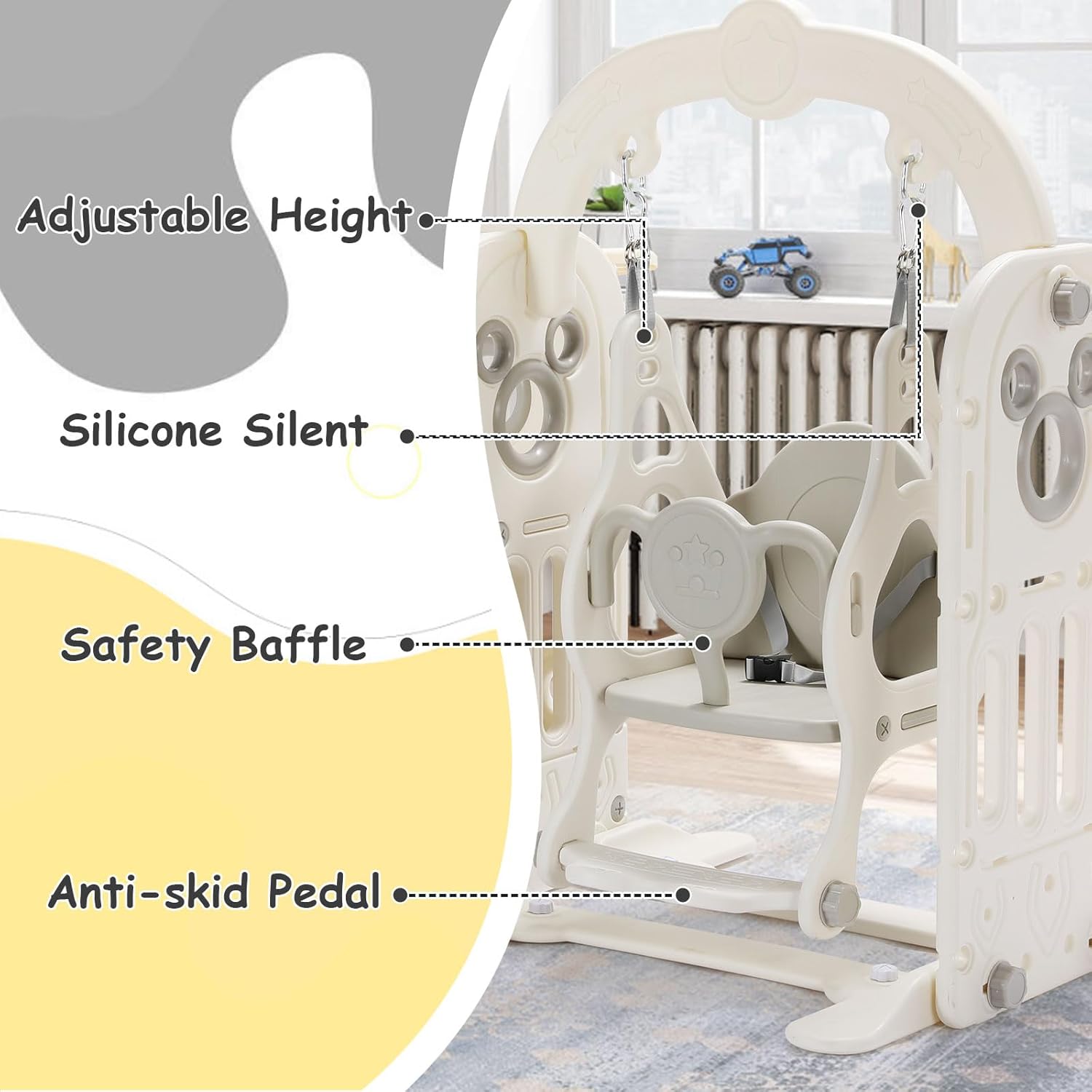 7 in 1 Toddler Slide and Swing Set, Freestanding Kids Large Climber Playset with Basketball Hoop,Storage Space, Baby