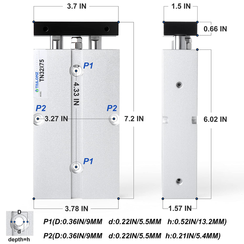 TAILONZ TN32-75 32mm x 75mm Double-Rod Cylinder