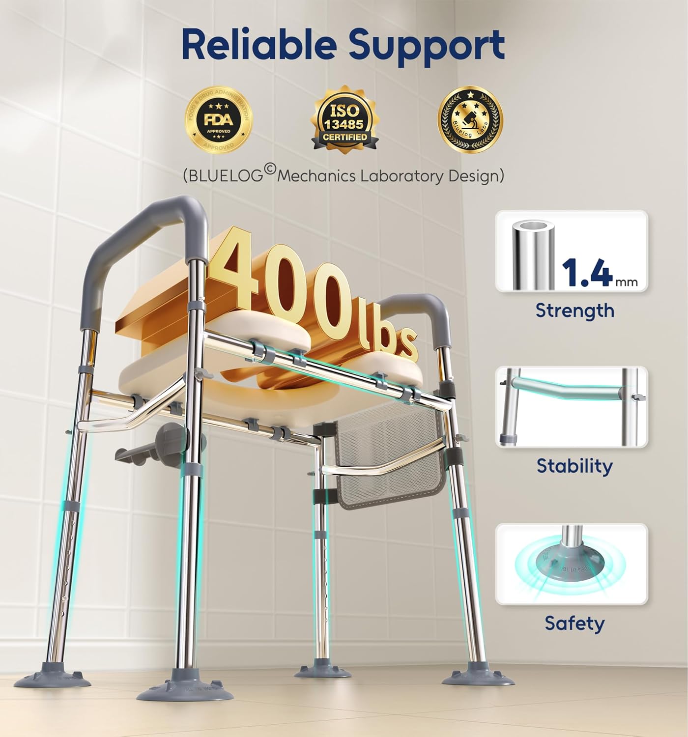 Raised Toilet Seat with Handles, Width & Height Adjustable Toilet Seat Risers for Seniors, Heavy Duty 400lbs Elevated