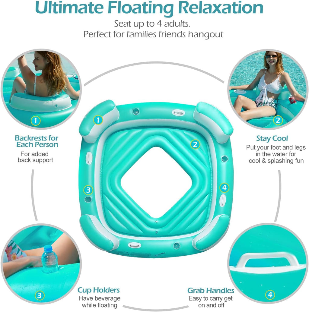 Floating Island Pool Float - Giant Inflatable Multi Person Pool Party Floats Swimming Pool Lounger Raft with Cup