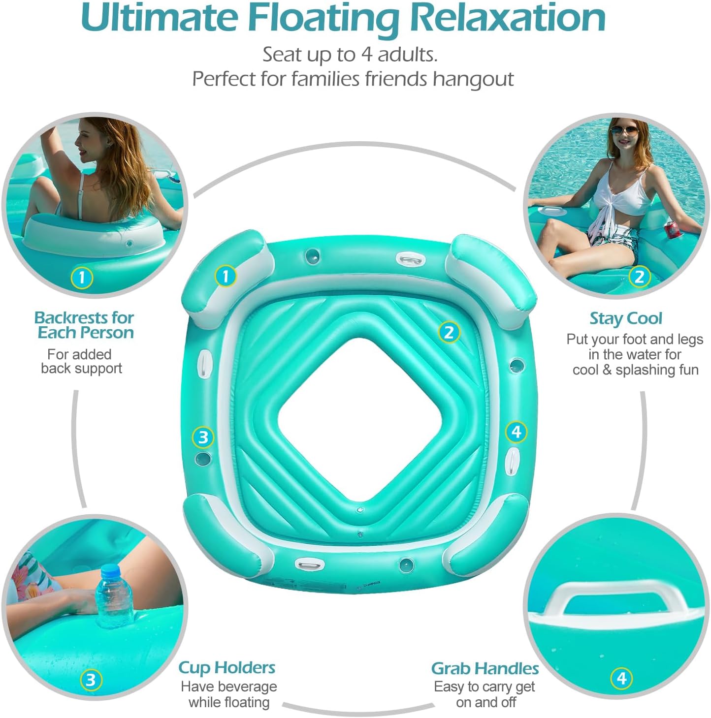 Floating Island Pool Float - Giant Inflatable Multi Person Pool Party Floats Swimming Pool Lounger Raft with Cup