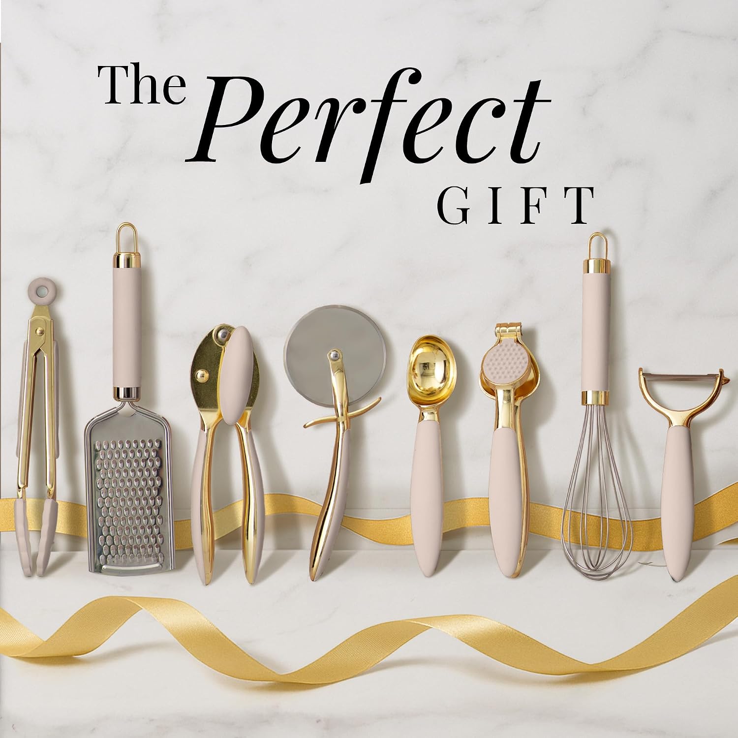 Gold and Beige Kitchen Utensils Set – 8 PC Cooking Gadgets with Mini Gold Whisk and Tongs, Pizza Cutter, Garlic