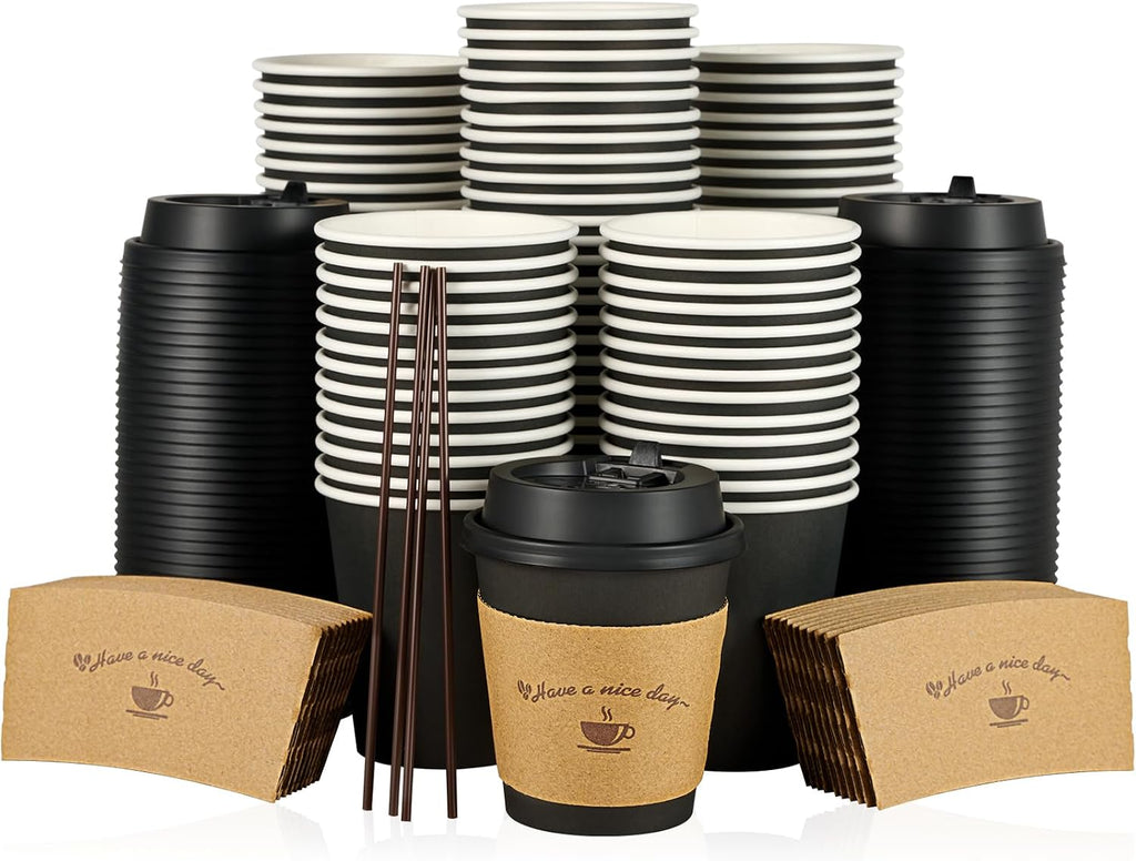 100 Pack 10 oz Coffee Cups with Lids, Disposable Coffee Cups