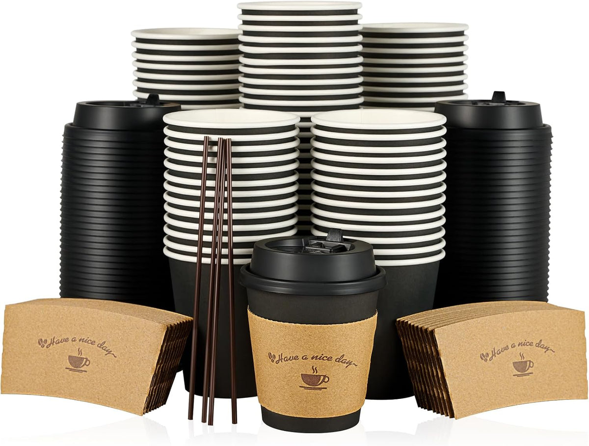 100 Pack 10 oz Coffee Cups with Lids, Disposable Coffee Cups