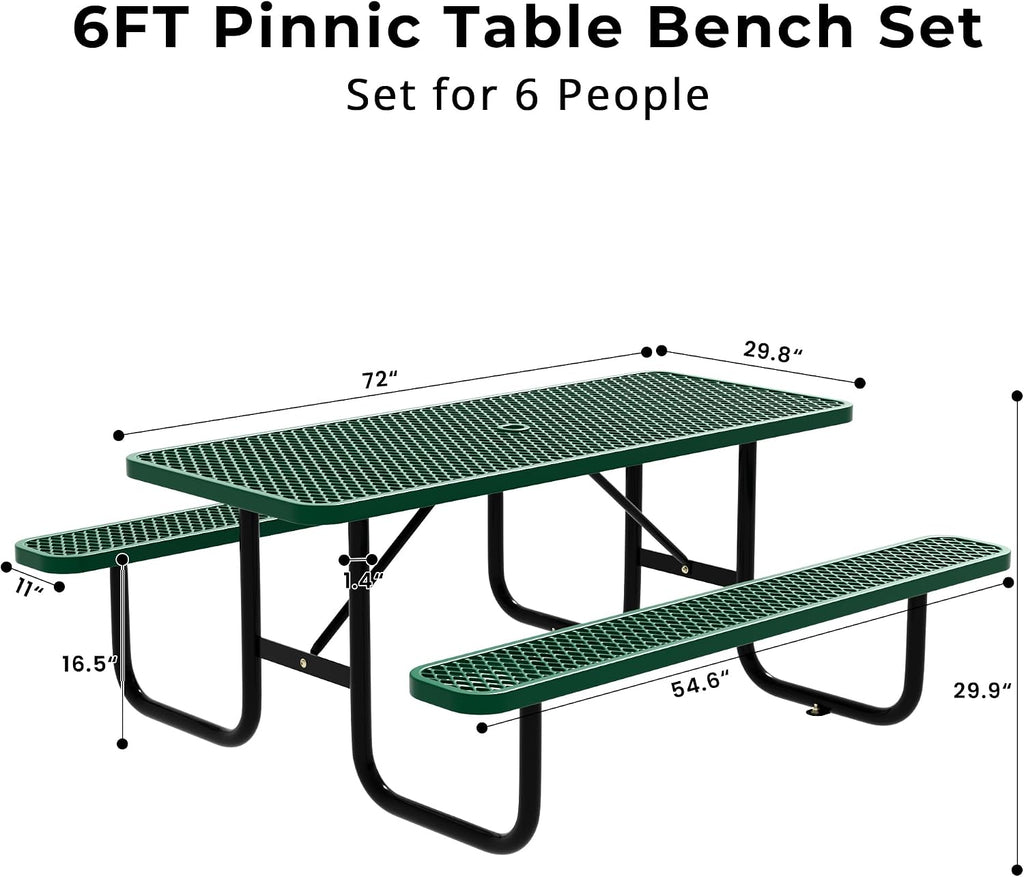 6FT Rectangular Steel Outdoor Picnic Table, Commercial Picnic Table Bench Set with Umbrella Hole, Weather-Resistant