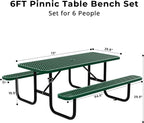6FT Rectangular Steel Outdoor Picnic Table, Commercial Picnic Table Bench Set with Umbrella Hole, Weather-Resistant