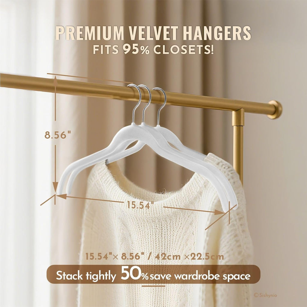 Velvet Hangers 30 Pack, Slim Flocked Clothes Hangers White | Non-Slip Felt Surface; 360° Swivel Hooks; Space-Saving
