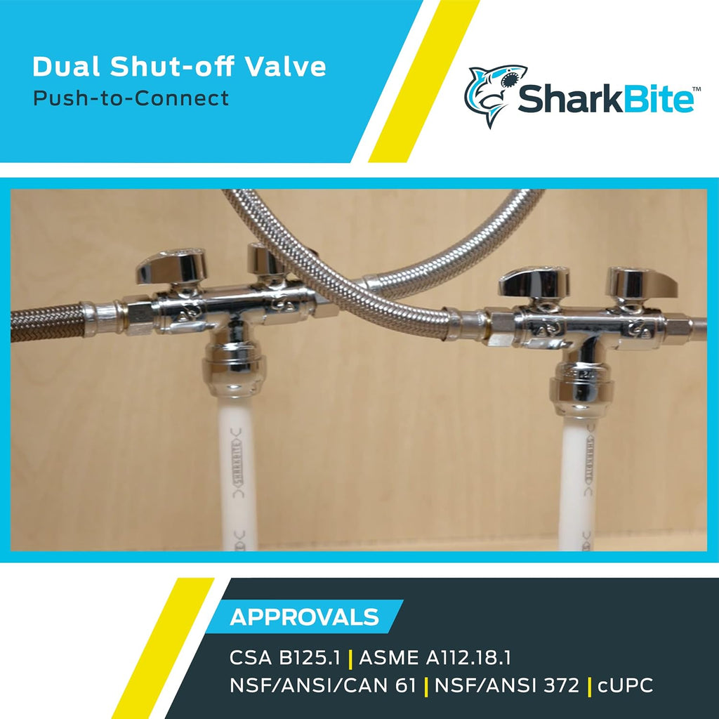 Dual Shut Off Quarter-Turn Brass Ball Valve, 1/2 Inch Push to Connect x 3/8 Inch OD Compression x 3/8 Inch OD