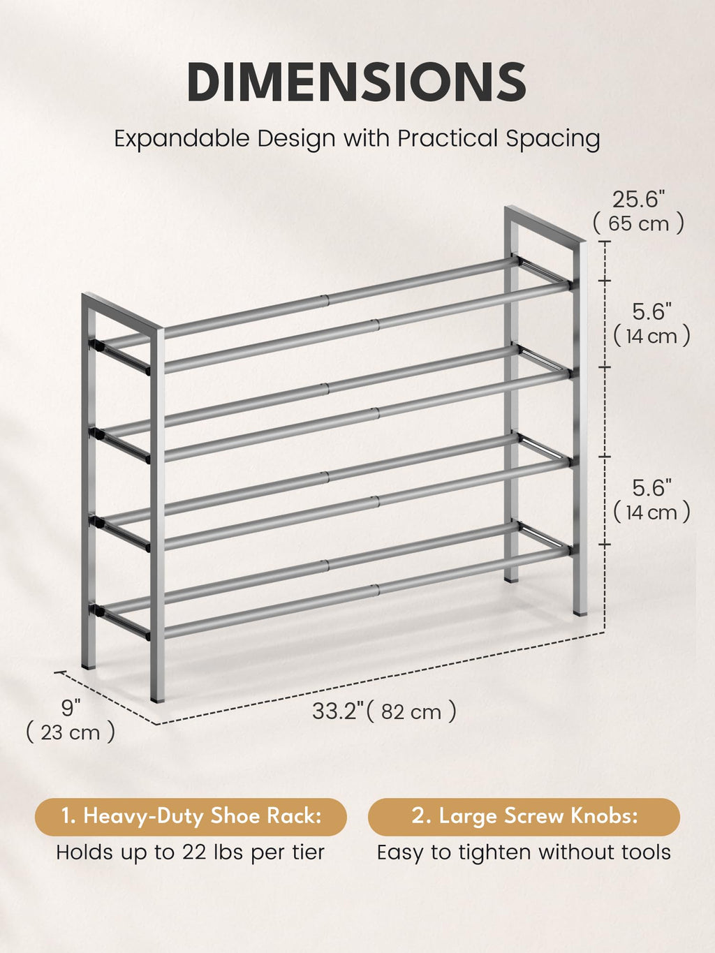 4 Tier Expandable Shoe Rack for Closet, Light Grey