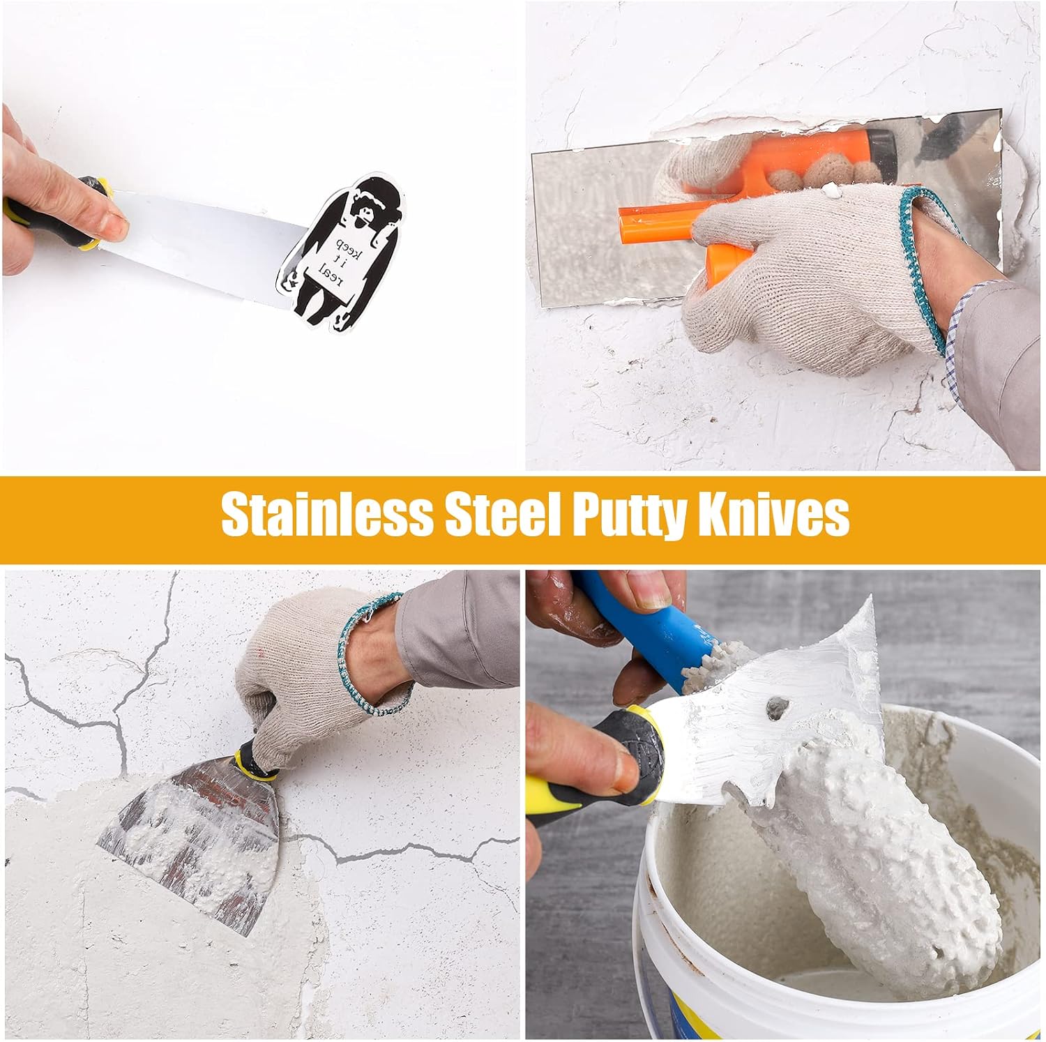 Drywall Knife Set, 8 Pieces Stainless Steel Drywall Hand Tool Kit Includes Taping Knives, Putty Knives, Finishing