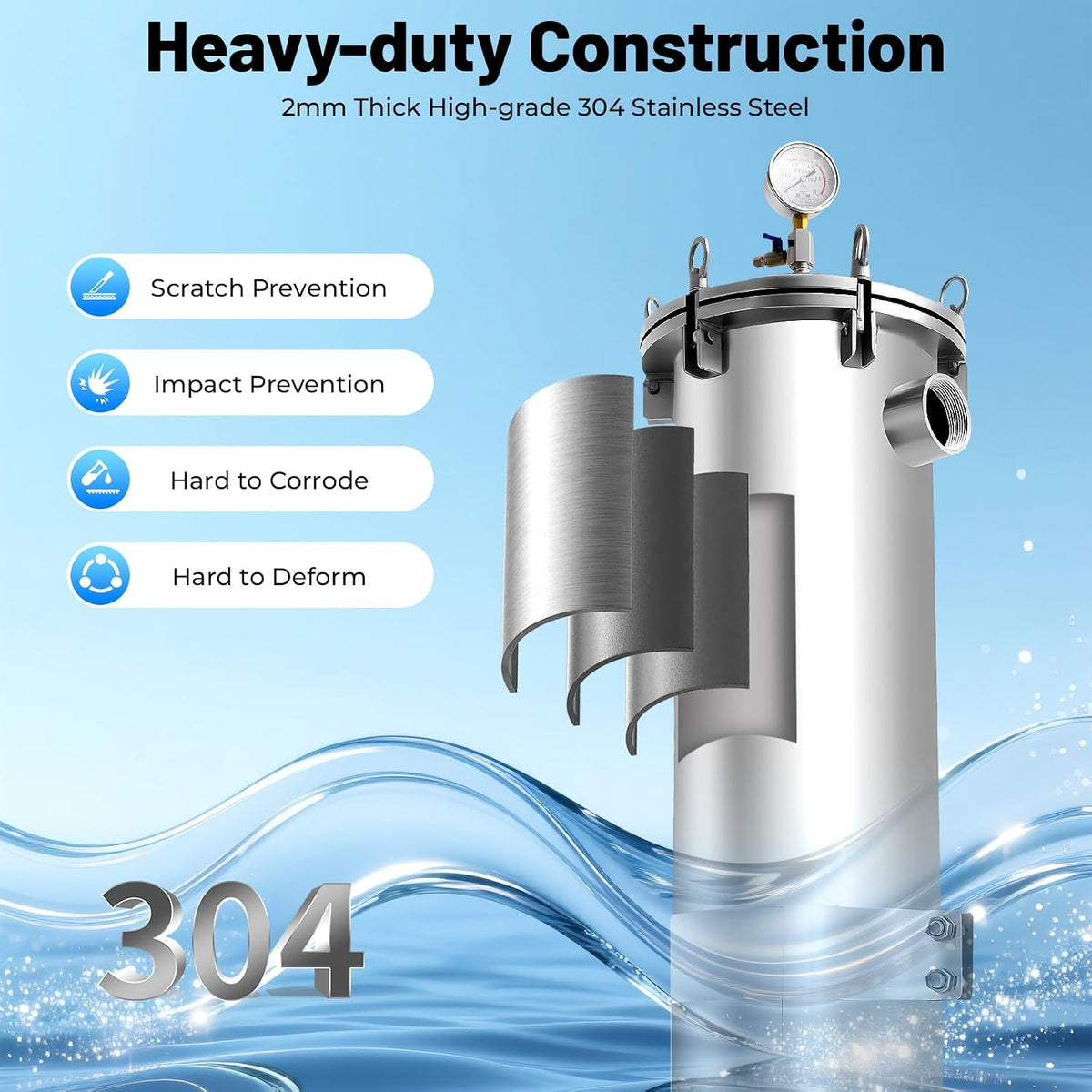 2" NPT Heavy Duty 304 Stainless Steel Bag Filter Housing 150 PSI Max