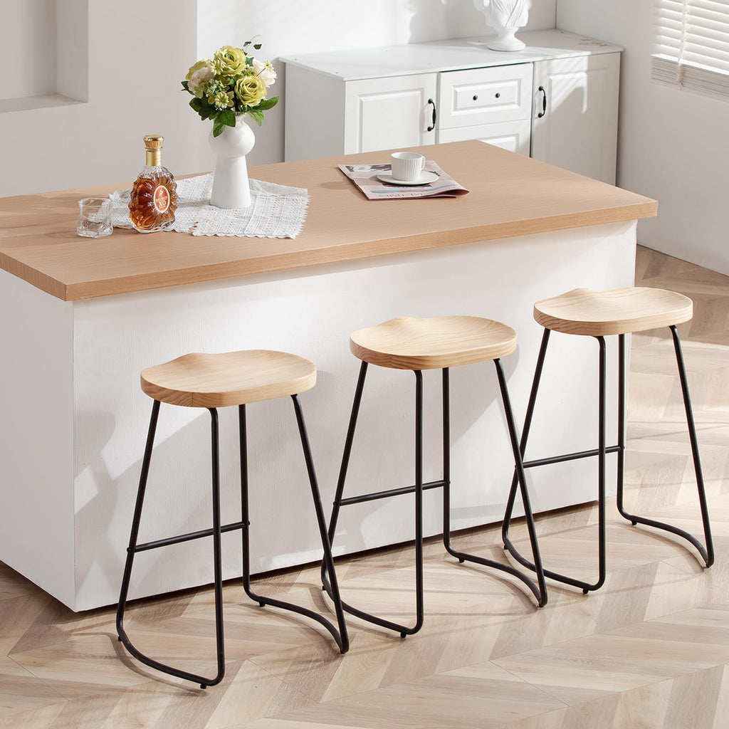 Backless Bar Stools Set of 3, 26" Wood Saddle Counter Stools